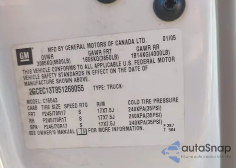 2005 Chevrolet Silverado 1500 Lt from USA, damaged, VIN 2GCEC13T851268055